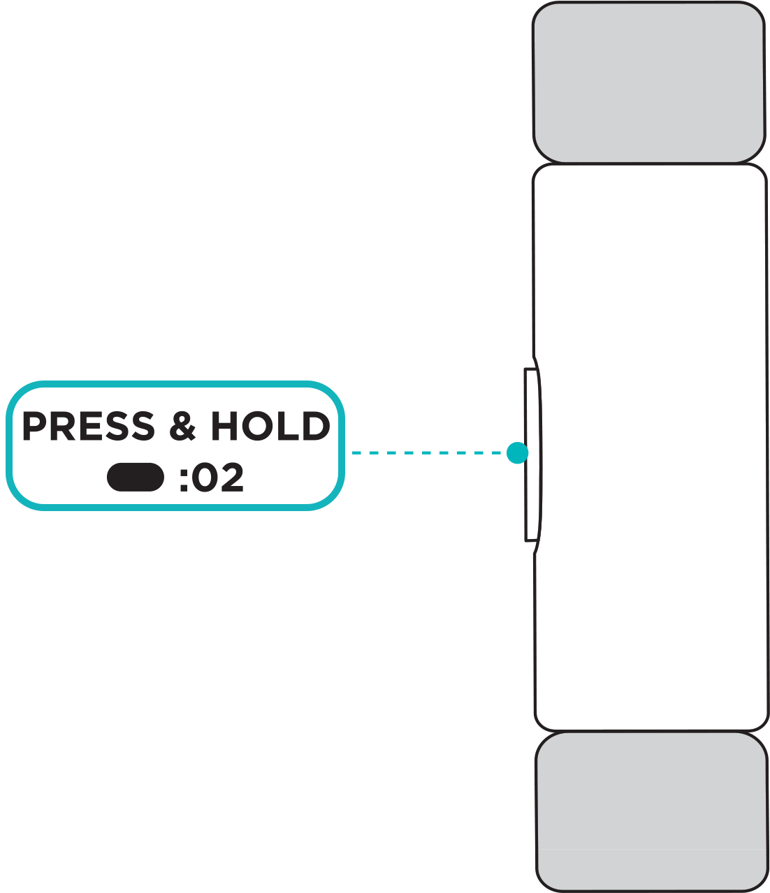 Coach électronique avec le bouton mis en évidence et texte indiquant qu'il faut maintenir le bouton enfoncé pendant deux secondes